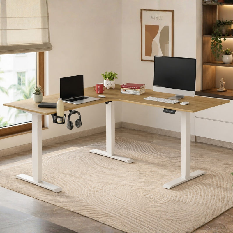 Wrick Electric Automatic L Shape Study Height Adjustable Work Desk (European Oak & White)