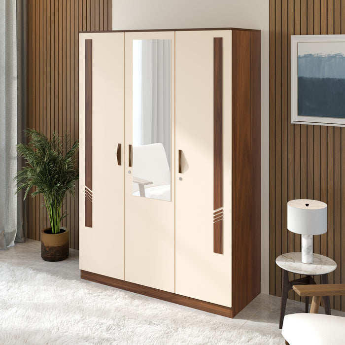 Andrie 3 Door Wardrobe with Mirror and Drawer |Maple & Beige