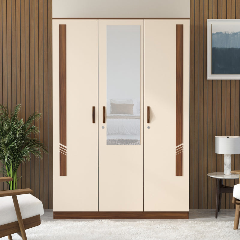 Andrie 3 Door Wardrobe with Mirror and Drawer |Maple & Beige