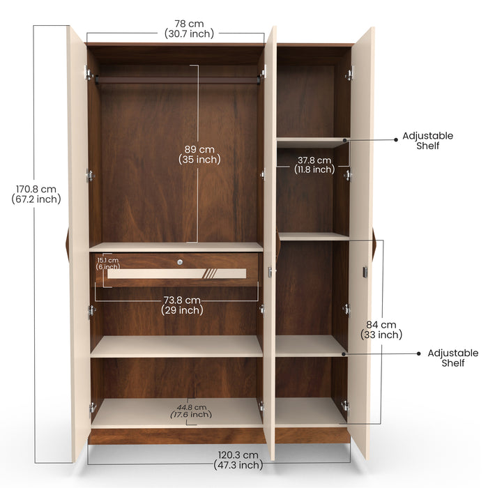 Andrie 3 Door Wardrobe with Mirror and Drawer |Maple & Beige