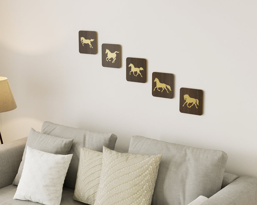 Febbora Wall Hanging Wooden & Golden Vinyl Running Horses Decorative Wall-Art for Living Room, Bedroom, (Brown & Golden)