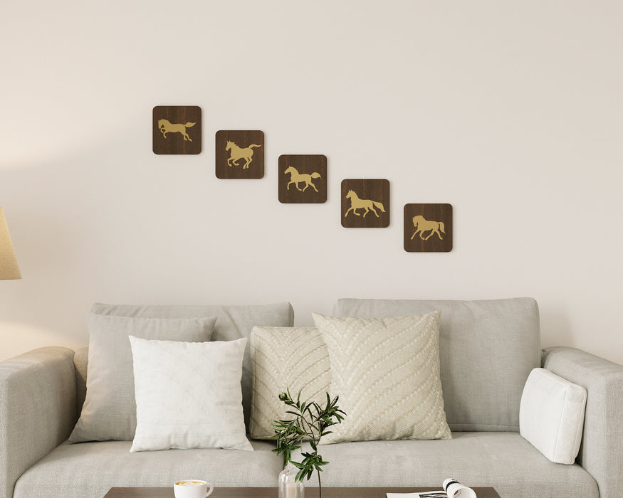 Febbora Wall Hanging Wooden & Golden Vinyl Running Horses Decorative Wall-Art for Living Room, Bedroom, (Brown & Golden)