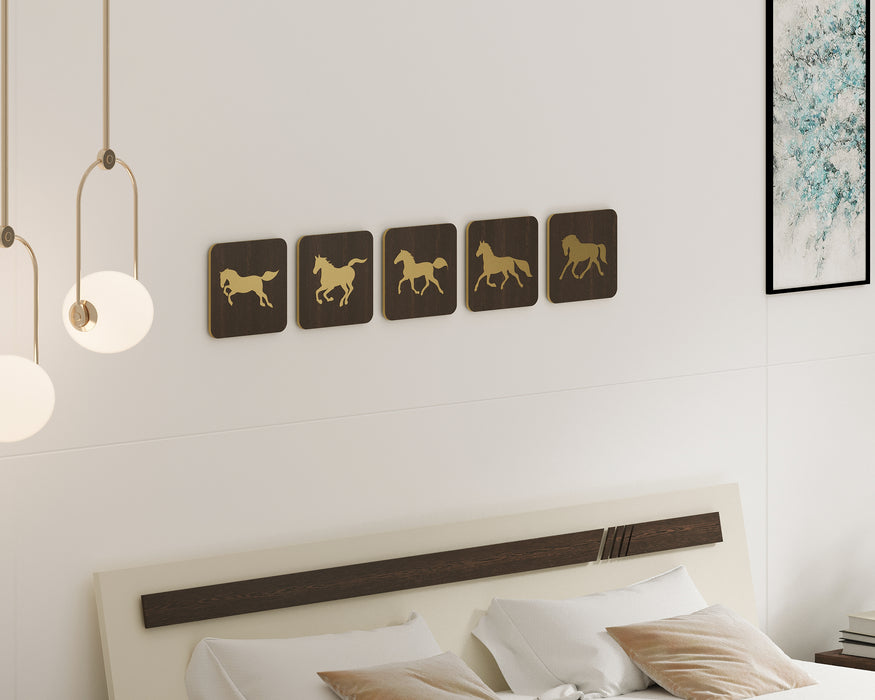 Febbora Wall Hanging Wooden & Golden Vinyl Running Horses Decorative Wall-Art for Living Room, Bedroom, (Brown & Golden)