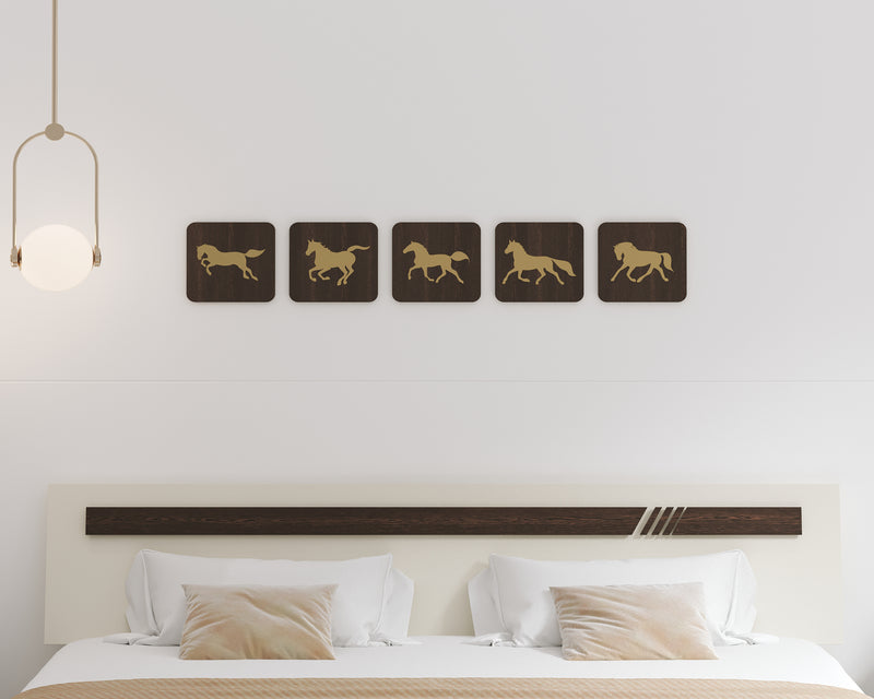 Febbora Wall Hanging Wooden & Golden Vinyl Running Horses Decorative Wall-Art for Living Room, Bedroom, (Brown & Golden)