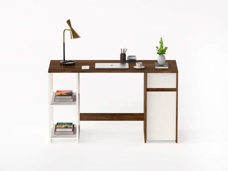Corbyn Study & Computer Table with Drawer & Shelves for Storage (Maple & Frosty White)