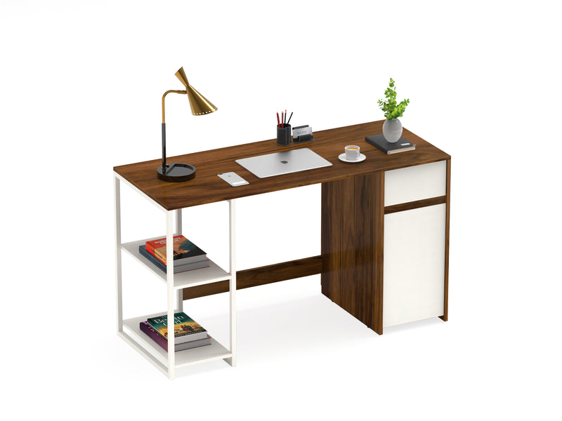 Corbyn Study & Computer Table with Drawer & Shelves for Storage (Maple & Frosty White)