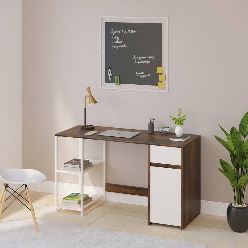 Corbyn Study & Computer Table with Drawer & Shelves for Storage (Maple & Frosty White)
