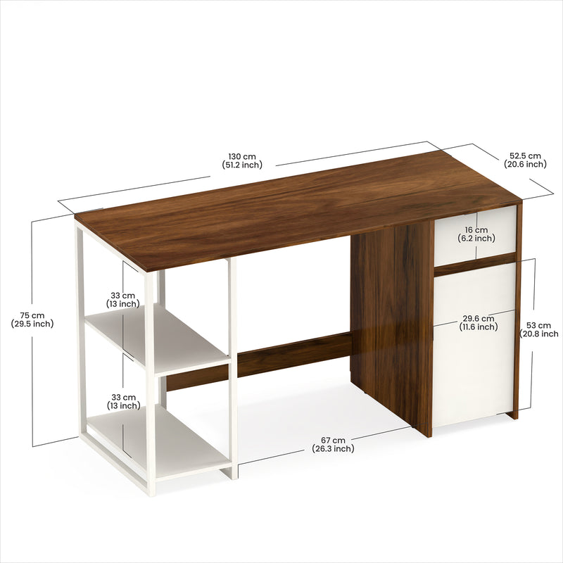 Corbyn Study & Computer Table with Drawer & Shelves for Storage (Maple & Frosty White)