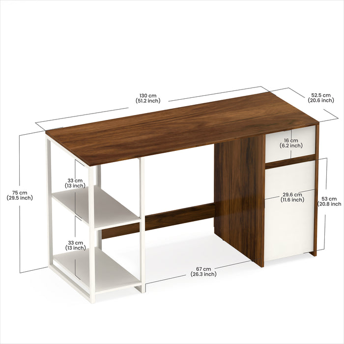 Corbyn Study & Computer Table for Home or Office, Table Desk with Drawer & Shelves for Storage (Brown Maple & Frosty)