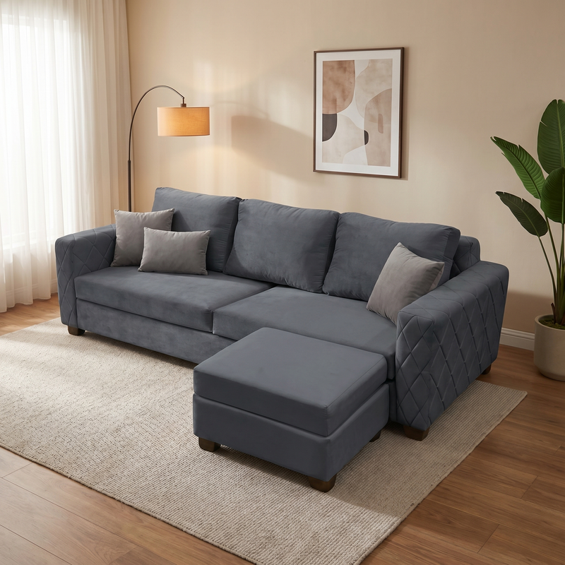 Wilber 3+1, 4 Seater Interchangeable L Shape Sofa Set (Grey)