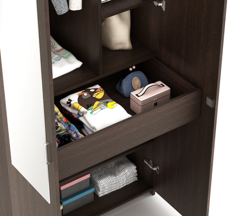 Bluewud Andrie Double Doors Wardrobe with Full Length Mirror and Drawer, (Wenge)