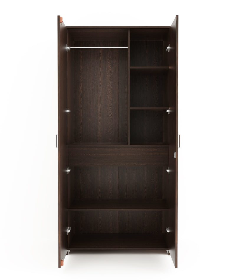 Bluewud Andrie Double Doors Wardrobe with Full Length Mirror and Drawer, (Wenge)