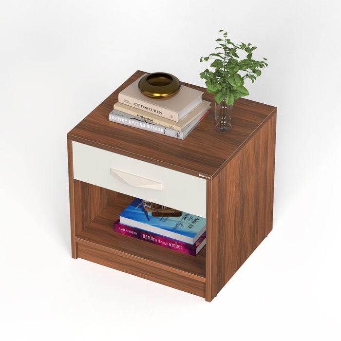 Oliver Bed Side Table with Drawer |Walnut & Frosty