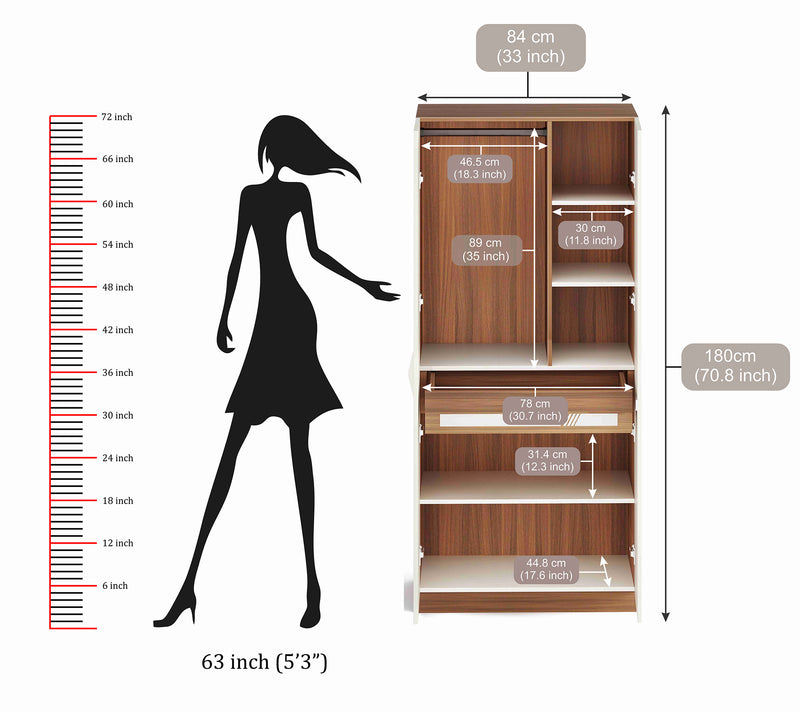 Andrie 2 Door Wardrobe with Drawer |Walnut & White