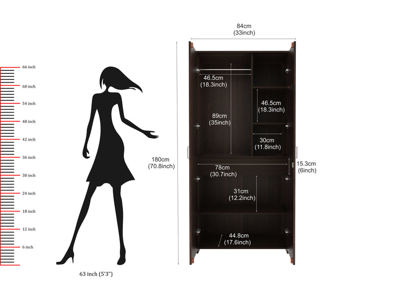 Bluewud Andrie Double Doors Wardrobe with Full Length Mirror and Drawer, (Wenge)