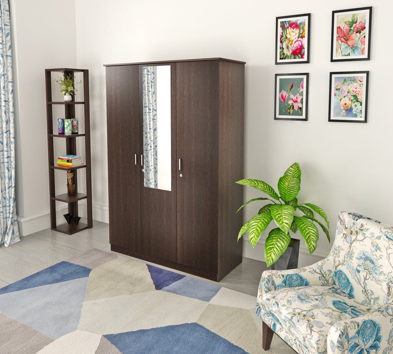Bluewud Andrie Engineered Wood 3 Door Wardrobe With Full Length Mirror & Drawer (Wenge)