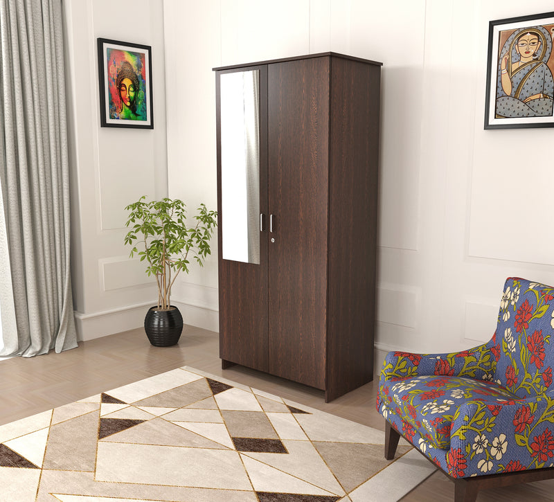 Bluewud Andrie Double Doors Wardrobe with Full Length Mirror and Drawer, (Wenge)