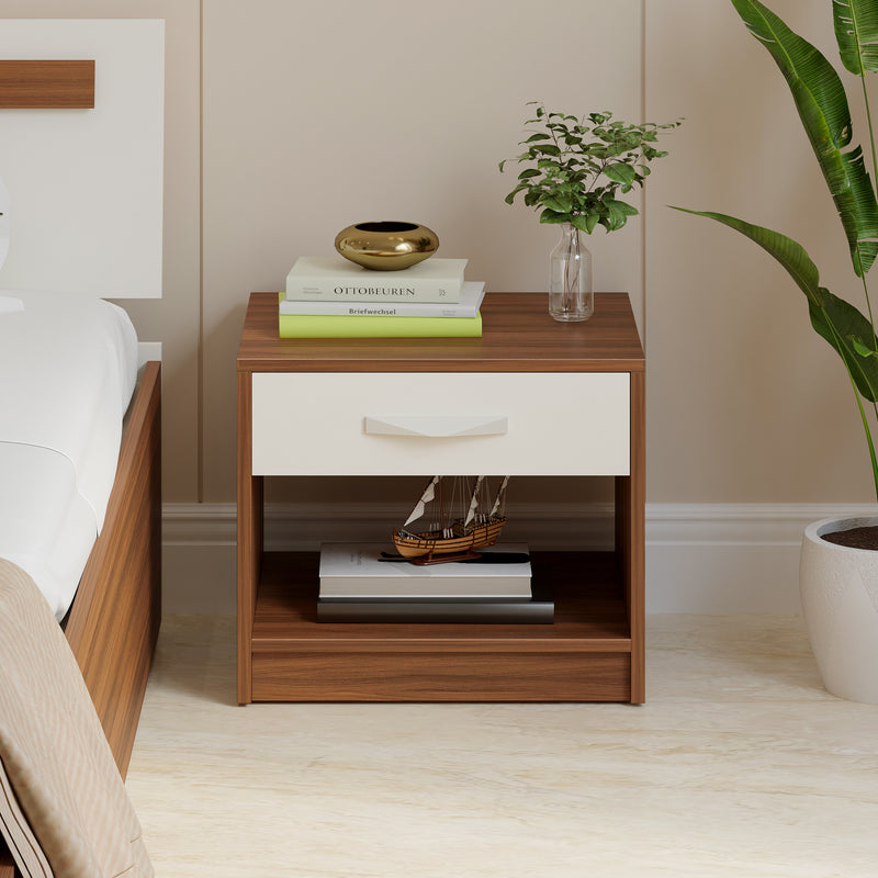 Oliver Bed Side Table with Drawer |Walnut & Frosty