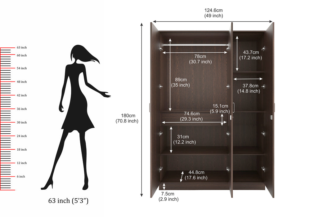 Bluewud Andrie Engineered Wood 3 Door Wardrobe With Full Length Mirror & Drawer (Wenge)