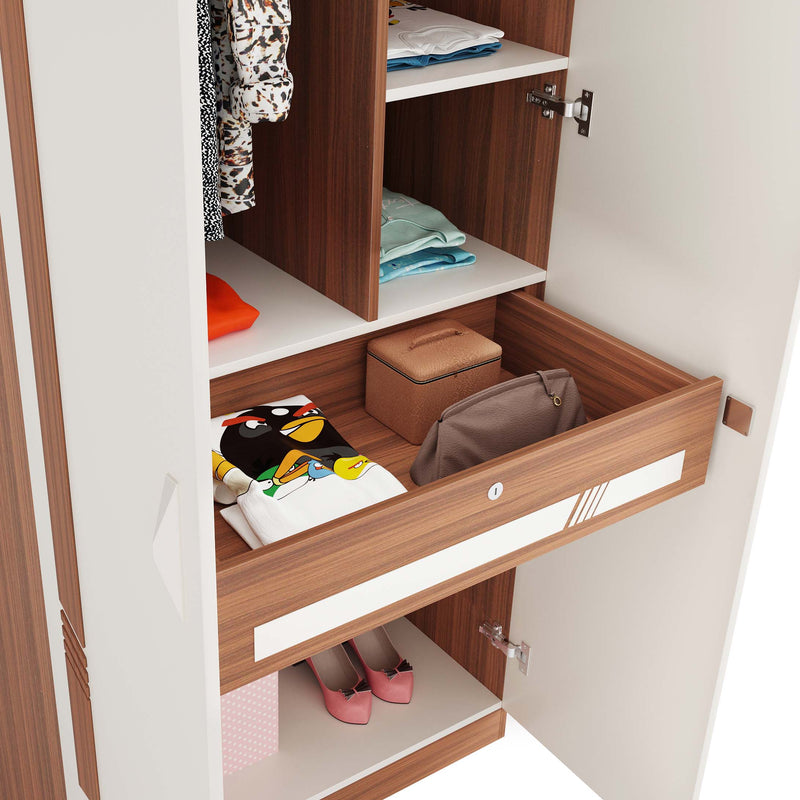 Andrie 2 Door Wardrobe with Drawer |Walnut & White
