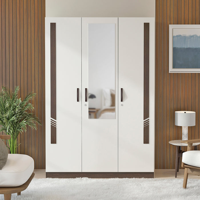Andrie 3 Door Wardrobe with Mirror and Drawer |Wenge & Frosty White