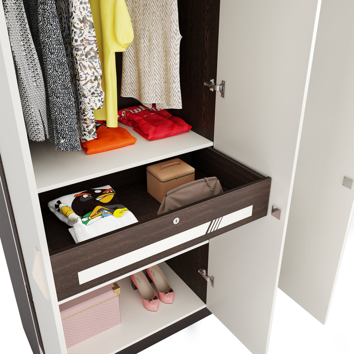 Andrie 3 Door Wardrobe with Mirror and Drawer |Wenge & Frosty White